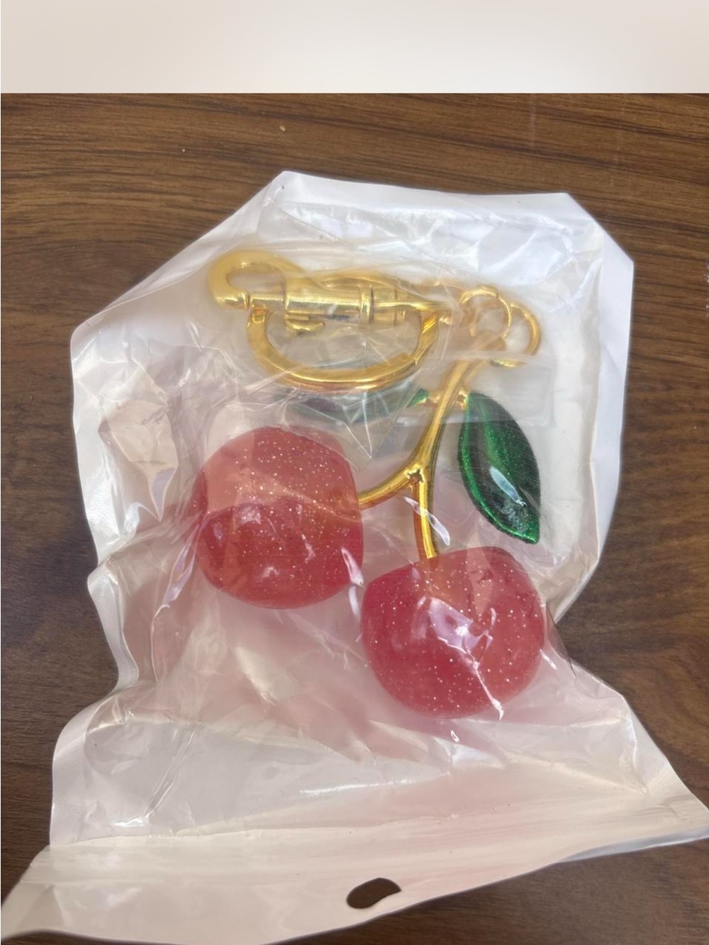 Gold-Tone Cherry Key & Card Holder Charm — Pink Cherry with Green Leaf